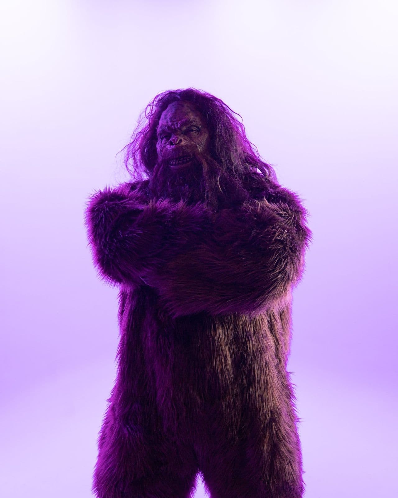 Bigfoot with his arms crossed against a lavender backdrop